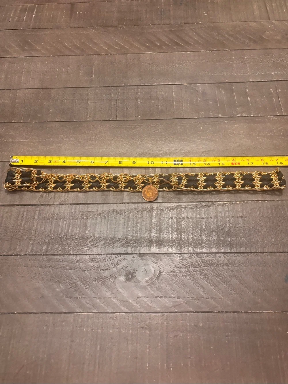 Vintage French Coin Chain Belt | Gold Woven Black Leather Medallion Waist Chain